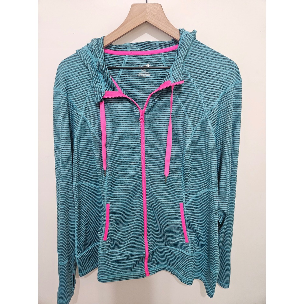Luluka Womens XXL Full Zip Hoodie Teal Space Dye Pink Trim Thumbholes 499975